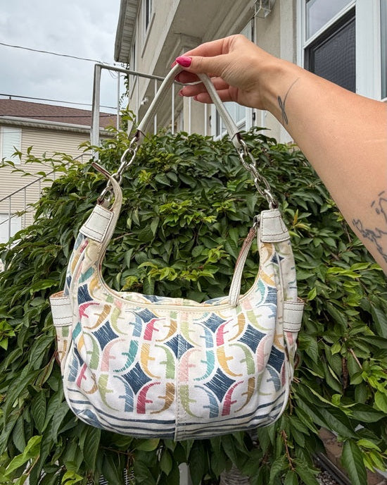 Vintage Fossil Multicolor Monogram Crescent Hobo Shoulder Bag Y2K Rare