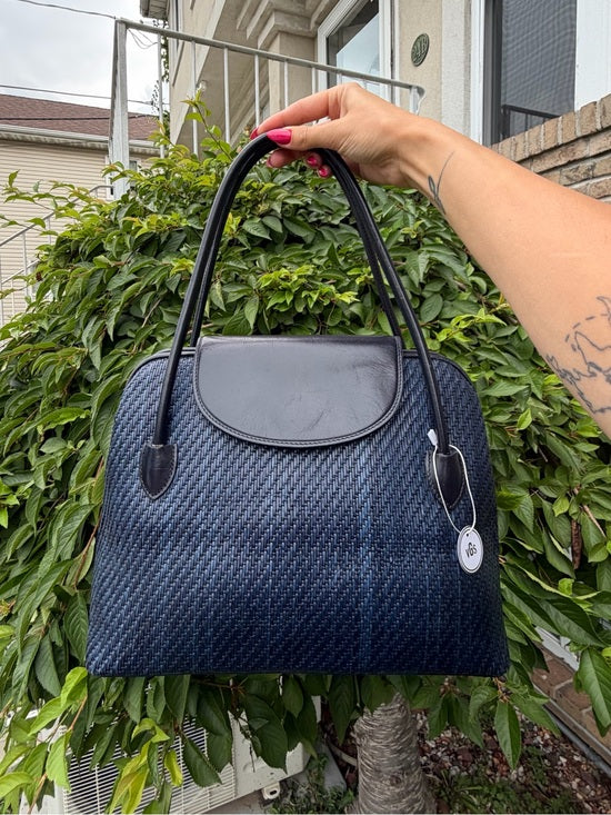 Vintage Fossil Navy Woven Leather Satchel Top Handle Shoulder Bag
