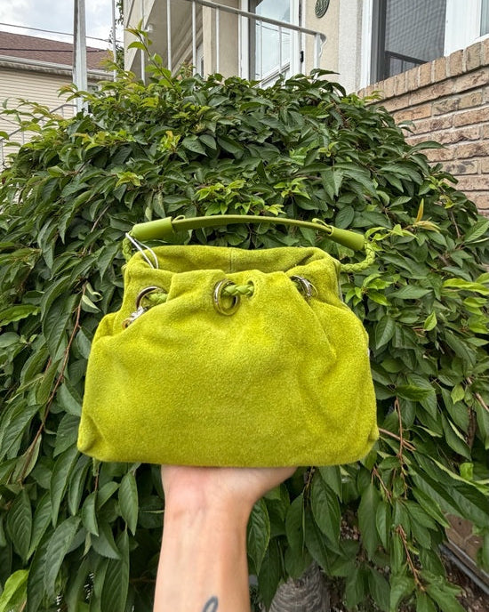 Lime Green Suede Bucket Bag Drawstring Crossbody Dumpling Cloud Pouch NWT