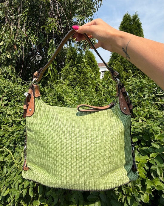 Vintage Y2K Fossil Lime Green Woven Hobo Bag Shoulder Purse EUC
