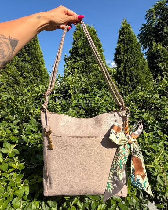Vintage Fossil Taupe Leather Y2K Shoulder Crossbody Bag with Scarf Accent